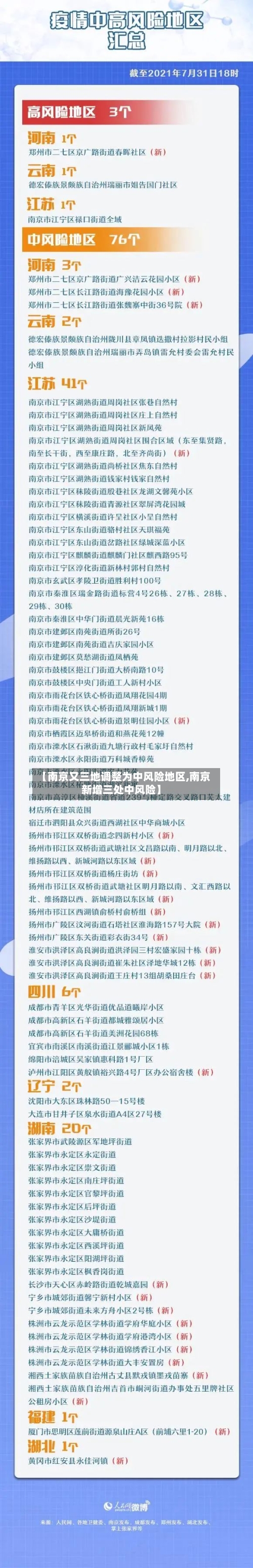 【南京又三地调整为中风险地区,南京新增三处中风险】